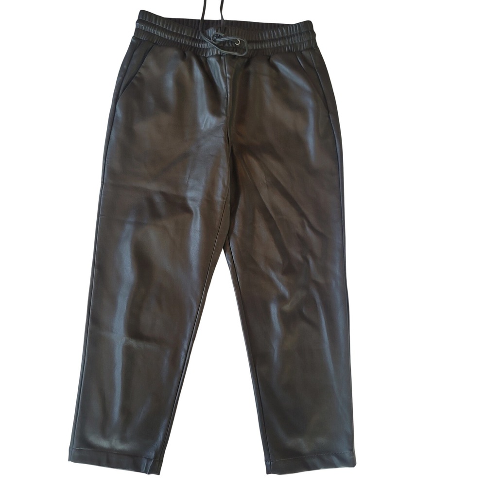 LOFT Faux Leather Jogger Pants Dark Gray Drawstring Waist Cropped Women's Size M